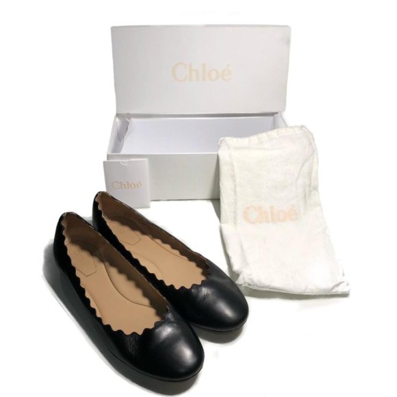 Chloe Shoes - Chloé Scalloped Leather Lauren Black Flats with Original Dust Bag, Box, and Card